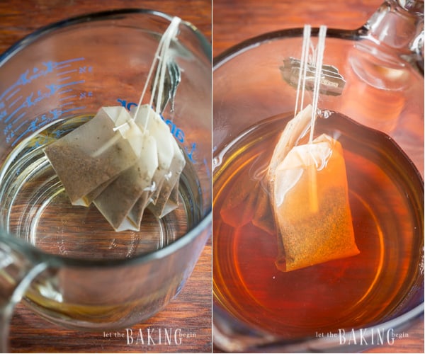 Tea bags in two cups of boiling water as base for sweet tea.