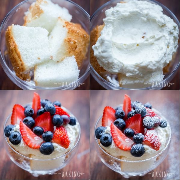How to divide angel food cake, add cheesecake mixture and sprinkle berries into a glass cup, followed by topping it off with powdered sugar. 