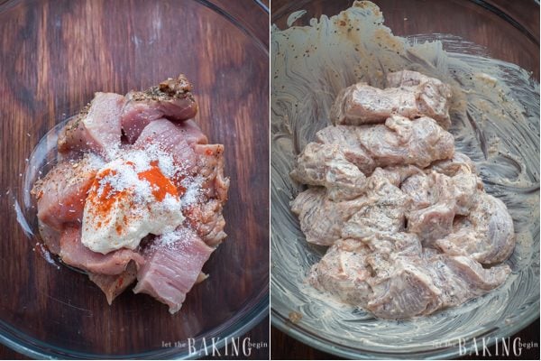 How to add cut up tenderloins, mayonnaise, paprika, and kosher salt in a bowl and mix.