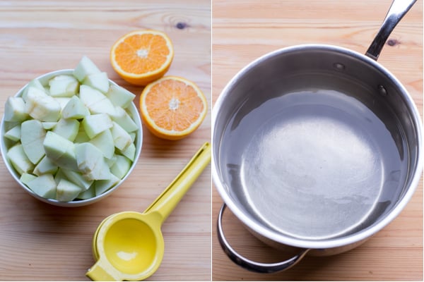 How to cut apples and peel them with oranges and orange juicer.