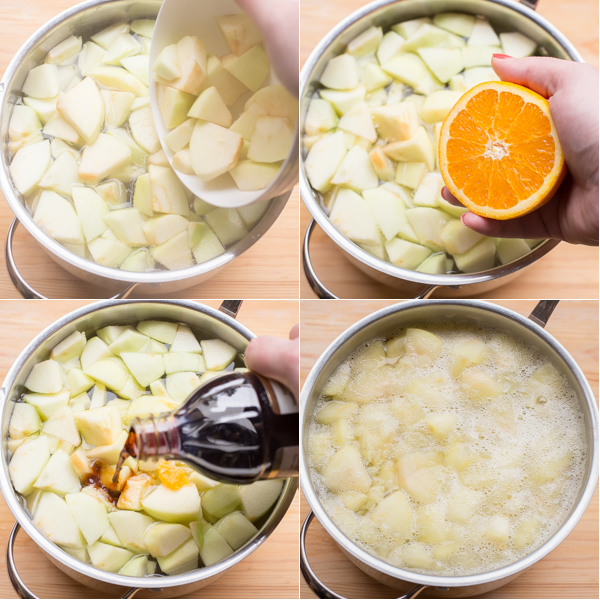 How to add apples, oranges, and vanilla into water and let it bowl.