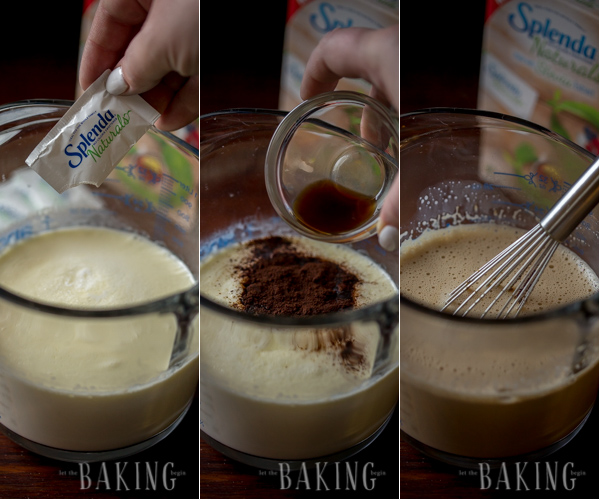 making a pot de creme dessert with espresso powder, chocolate, and splenda