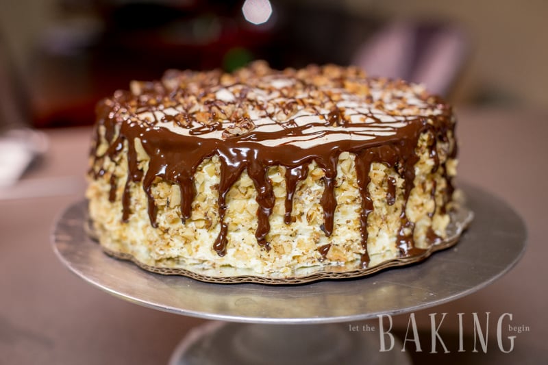 Holiday Cake topped with chocolate ganache and walnuts.