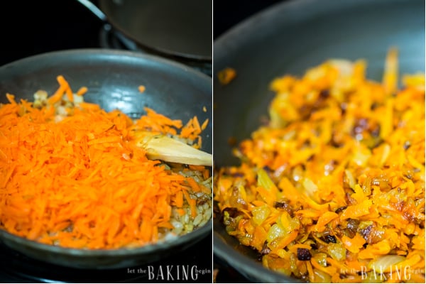 Cooking the onions and carrots in a skillet. 