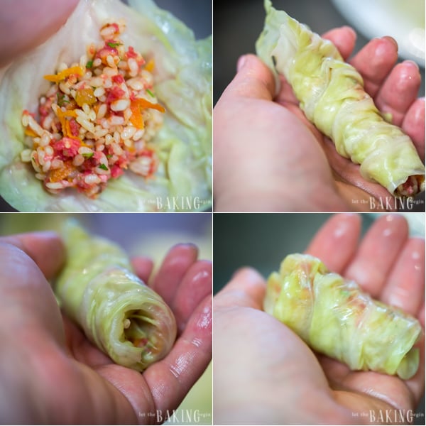 Stuffing the cabbage rolls with your hands. 