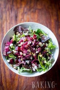 Beet and Feta Salad - refreshing but hearty salad of roasted beets, baby greens, creamy crumbled feta, roasted hazelnuts and a nice vinaigrette | by Let the Baking Begin!