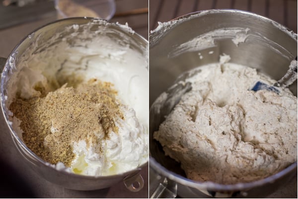 Adding in the hazelnut flour into the cake mixture. 