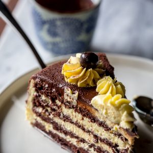 Ptiche Moloko Cake (Bird's Milk Cake) - Layered Cake of Chocolate Angel Food Cake and Custard Buttercream | By Let the Baking Begin!