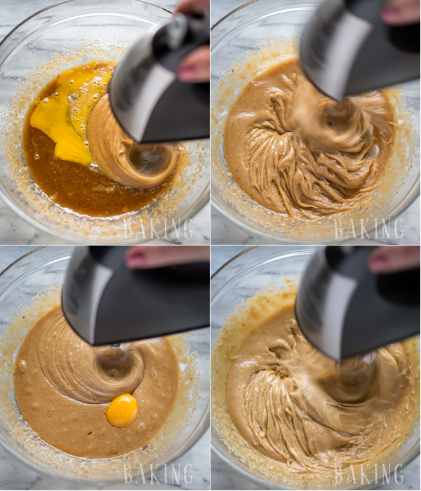 Mixing the chewy chocolate chip cookie dough batter and adding in an egg. 