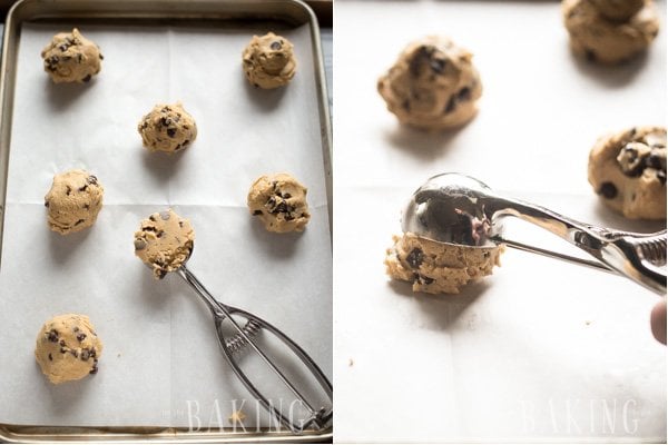 Scooping the chewy chocolate chip cookie dough onto a baking sheet. 