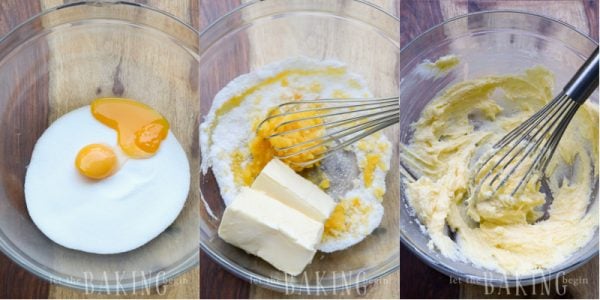 How to whisk together egg yolks, sugar, and sticks of butter in a bowl.