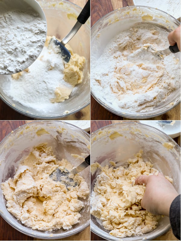 How to add flour to mixture and mix with a spoon or hands until all mixed together. 