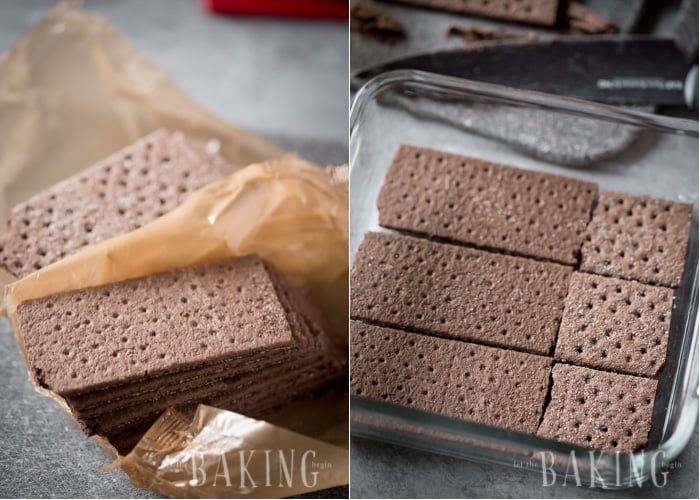 How to line baking pan with chocolate graham crackers.