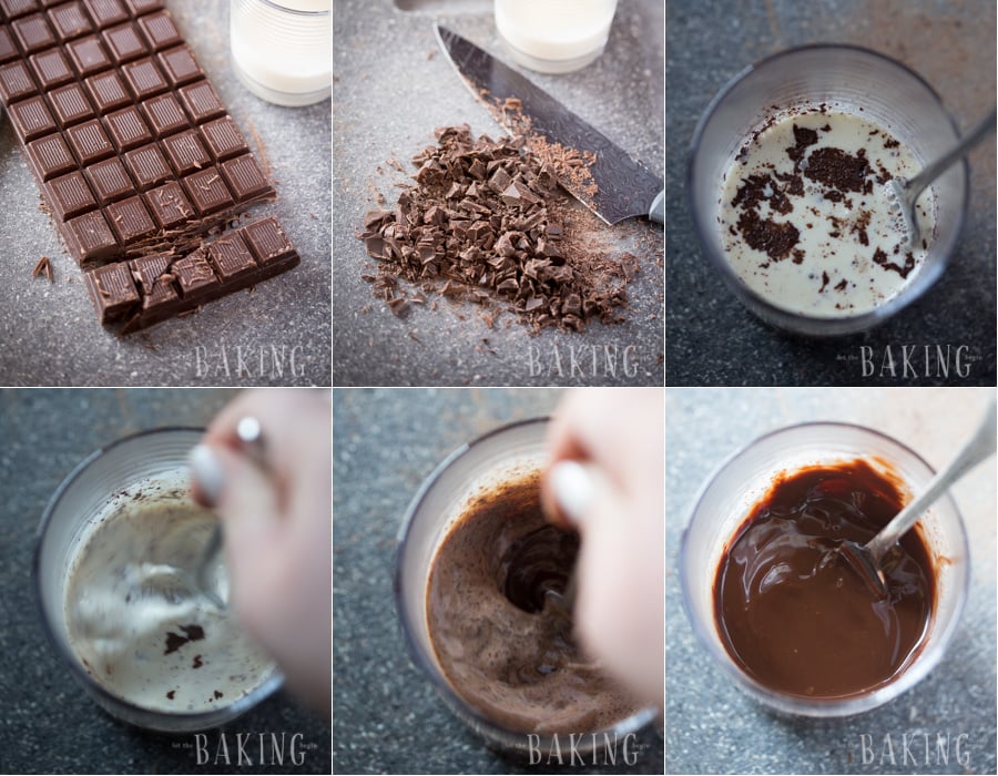 How to make chocolate ganache by adding ingredients and stirring. 