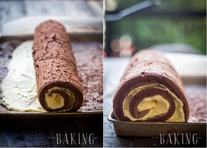  Rolling up the chocolate custard roll into a roulade. 