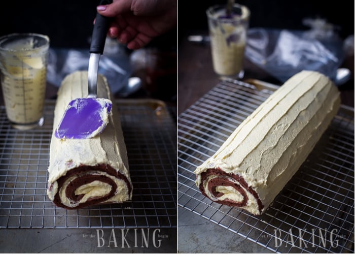  Covering the outside of the roulade with custard buttercream.