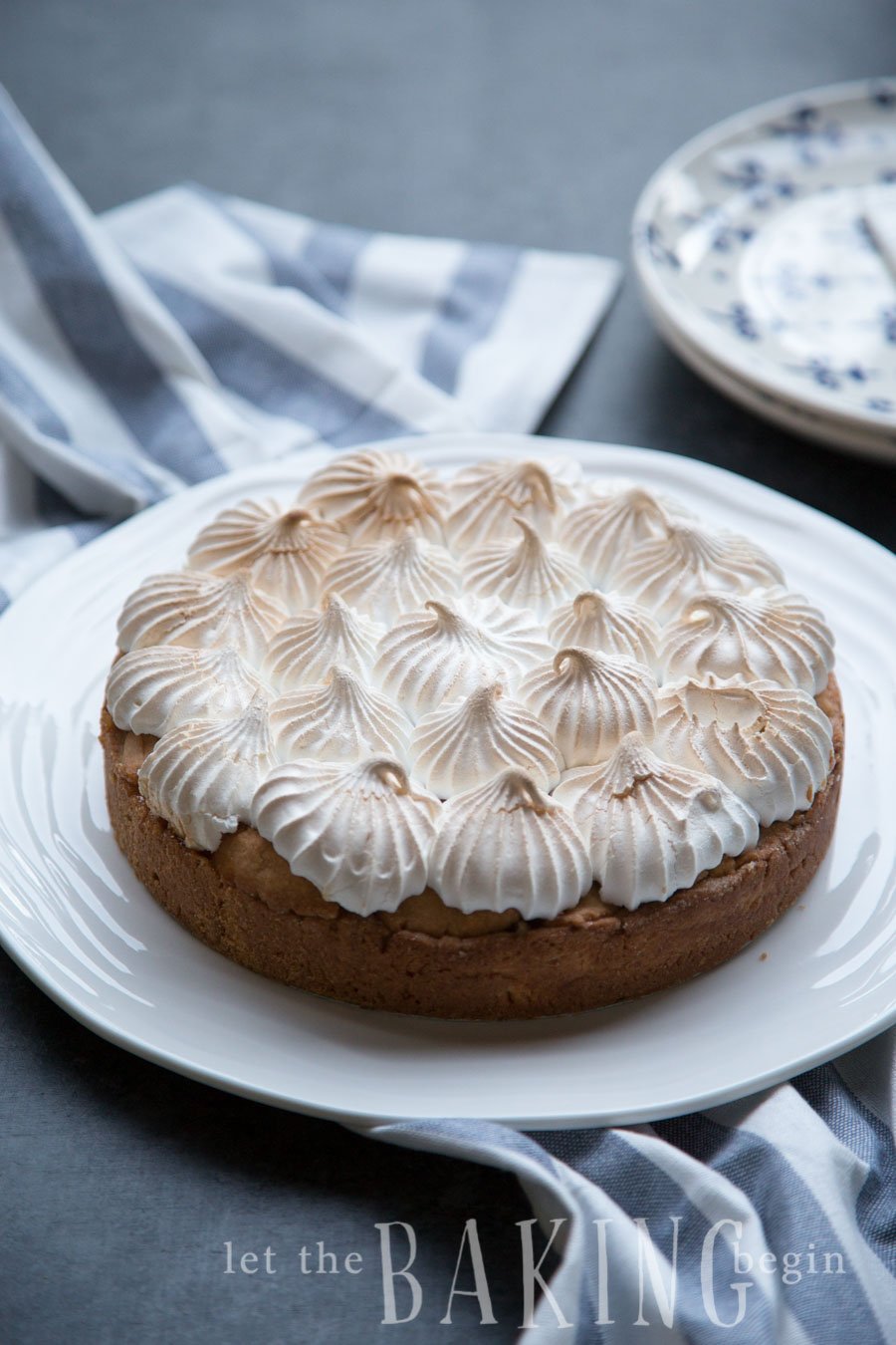 Apple rhubarb meringue pirog cake on a white platter topped with crispy meringue.