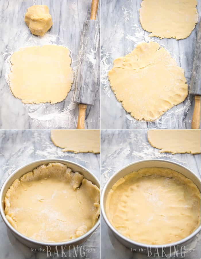 Rolling out the pirog shortbread dough and adding into a baking sheet. 