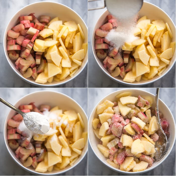 Making the sweet apple and rhubarb mixture. 