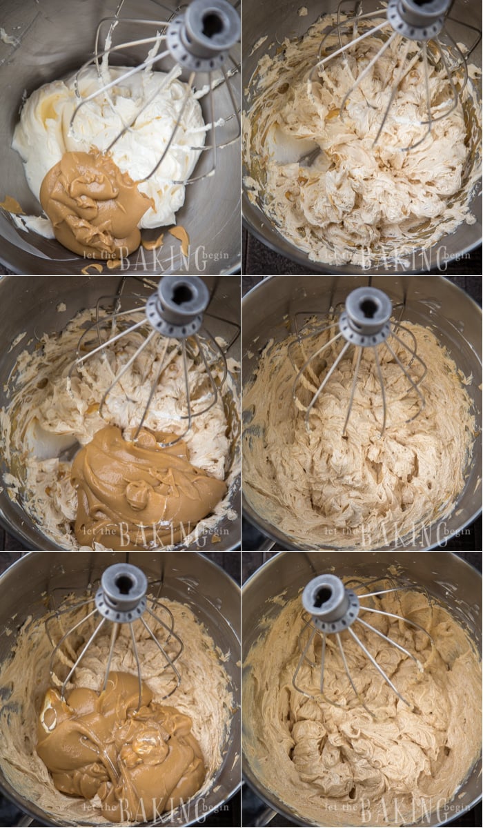Adding the pastry cream into the whipped butter in a kitchen aid mixer. 