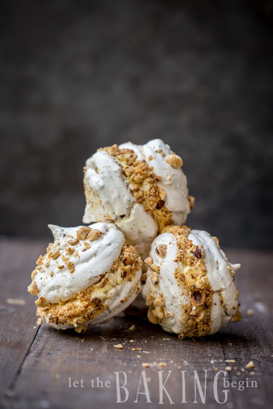 Hazelnut Meringue Bombs stacked on top of each other. 