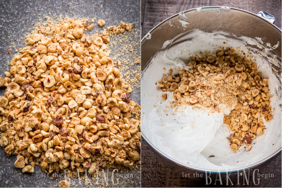 How to fold in hazelnuts into the meringue with minimal amount of strokes.