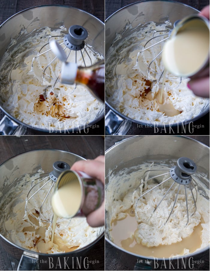 Adding vanilla and condensed milk into the creamed butter. 
