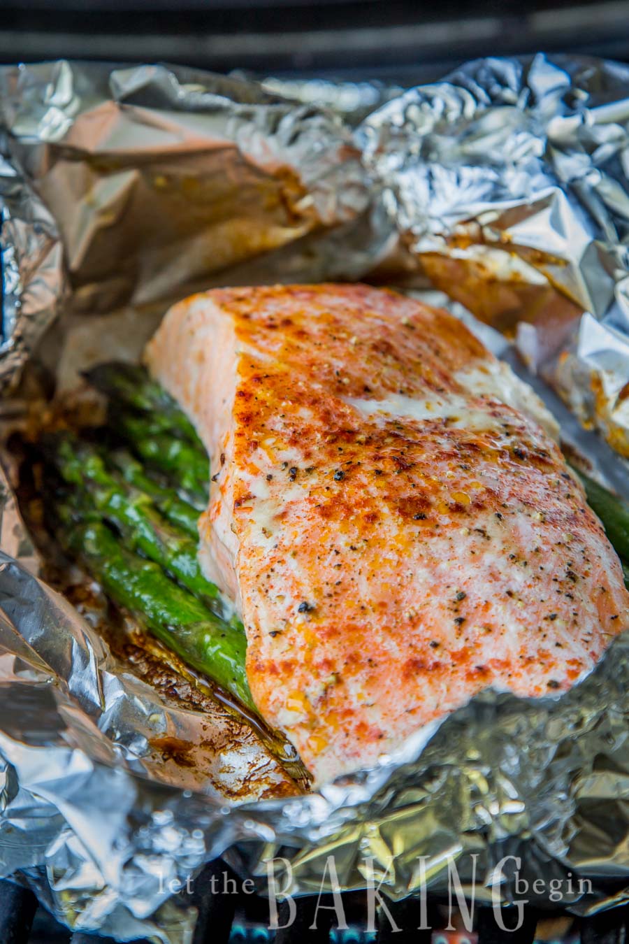 Salmon and asparagus in a foil packet.
