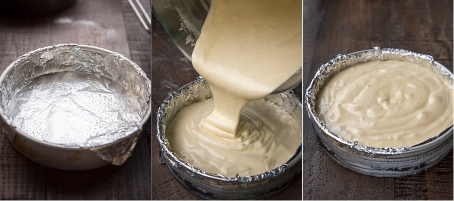 How to line the baking sheet with foil and pouring in the sponge cake batter for baking. 
