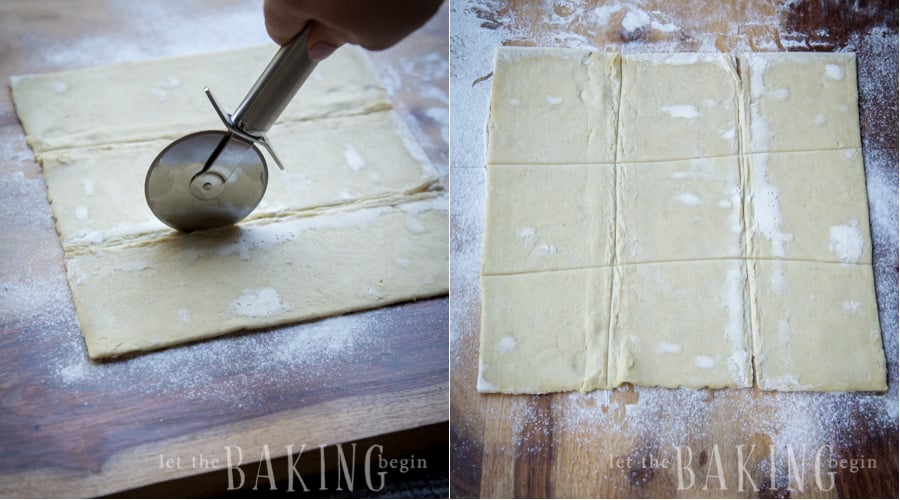 How to cut puff pastry with a pizza cutter on a floured surface.