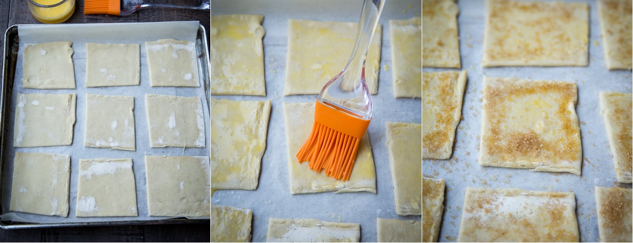 How to transfer the puff pastry squares to a parchment lined baking sheet and brush the squares with egg wash and sprinkle with cast sugar. 