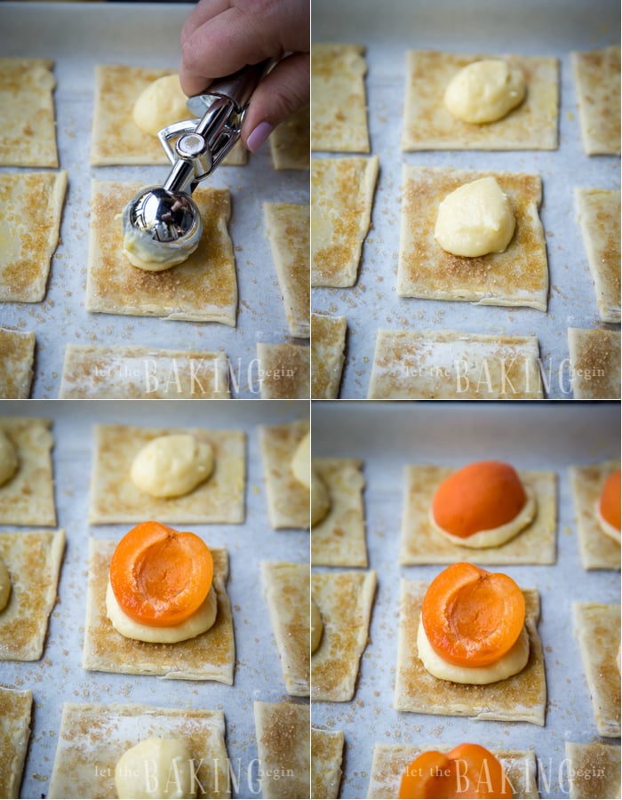 How to scoop out cream cheese mixture and place in the middle of each square top and then top with half of an apricot. 