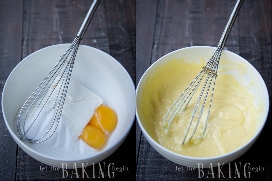 How to make cream cheese mixture by combining cream cheese, sugar, egg yolks, and cornstarch together with a whisk in a bowl.
