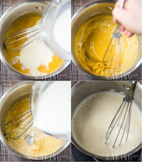 How to add milk to mixture while continuously whisking.