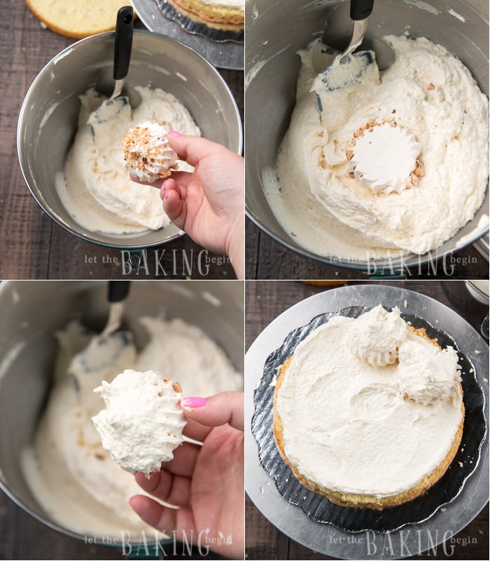 How to dip the hazelnut topped meringue into the buttercream and place on top of layered cake.