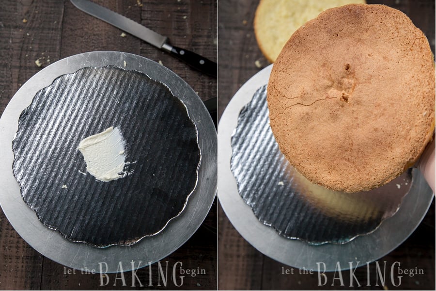 How to assemble the cake by splitting the cake into two even layers and then layering with prepared cream.