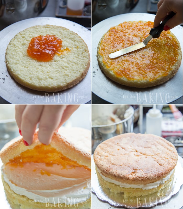 Covering a sponge cake layer with peach jam. 