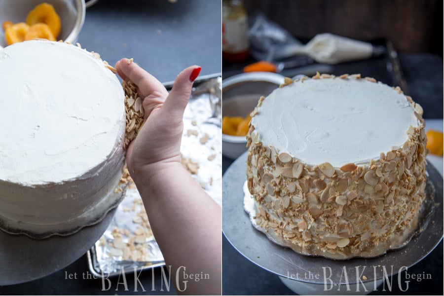 Covering the sides of the cake with sliced almonds. 