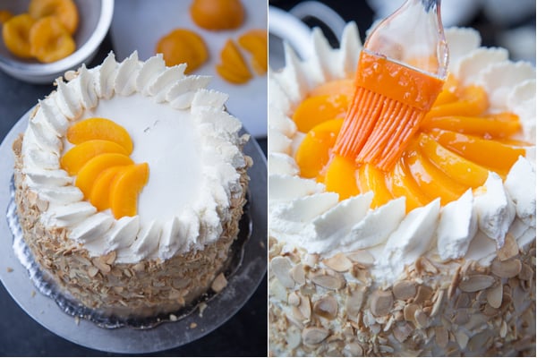 Topping the cake with canned peach slices. 