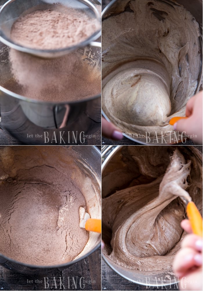 Mixing in the dry ingredients into the chocolate cake batter. 