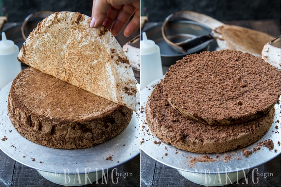 Cutting the chocolate poppyseed sponge cake into two even layers. 