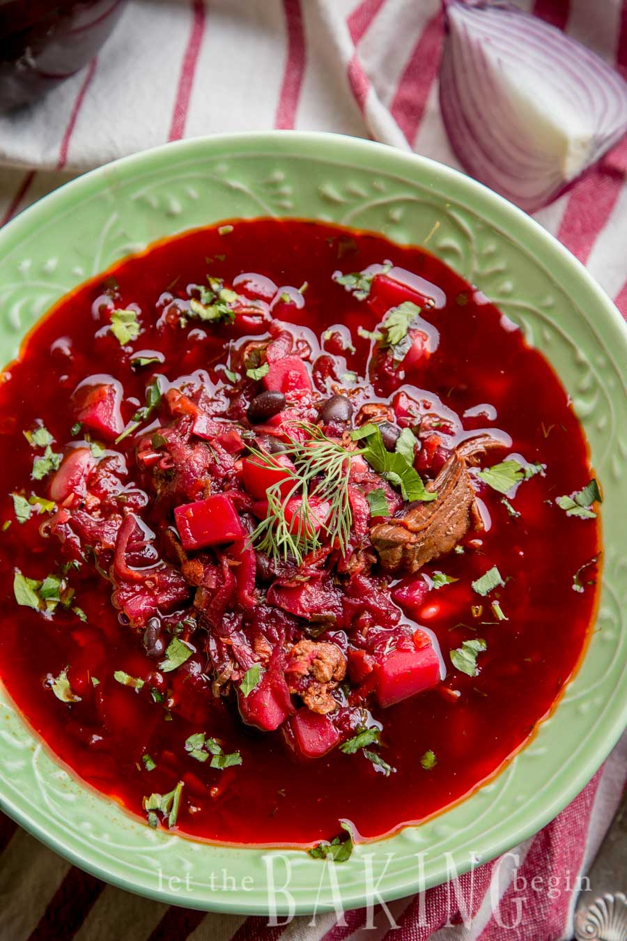 Borscht - Beef and Beet Soup is a traditional Ukrainian soup that is hearty, healthy and delicious! | By Let the Baking Begin!