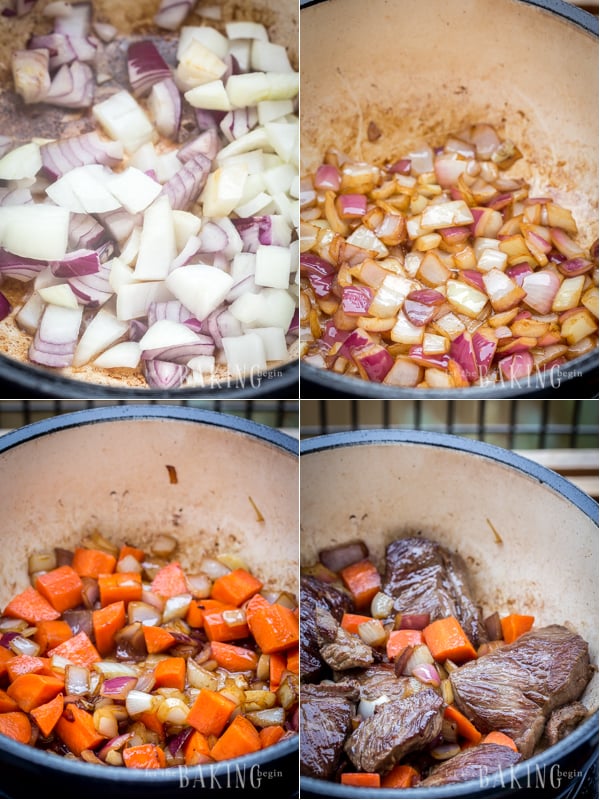 How to cook diced onions and carrots and add braised short ribs once onions and carrots are cooked.