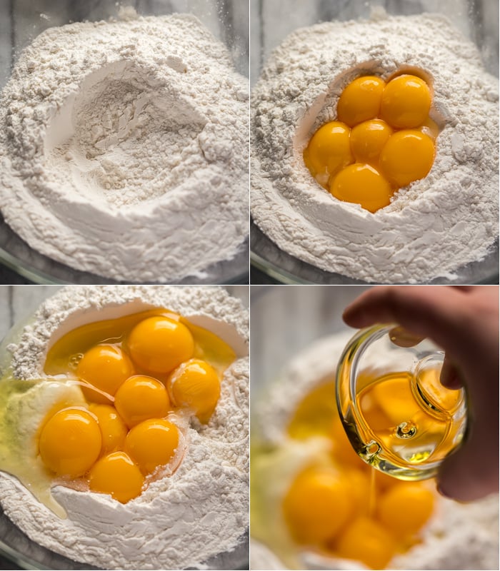 How to make homemade pasta with flour, eggs, and oil. 