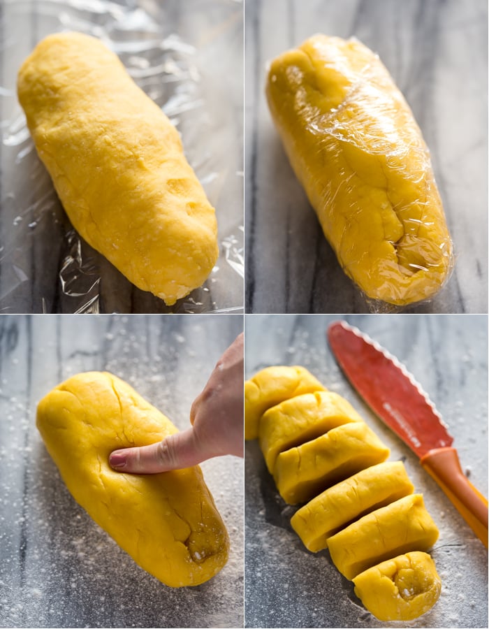 How to wrap pasta dough in plastic wrap and cut dough into pieces. 