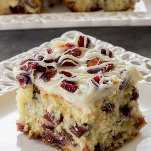Cranberry Bliss Coffee Cake {Moist Coffee Cake with White Chocolate, Cranberries and Cream Cheese Glaze - a perfect dessert or breakfast!}