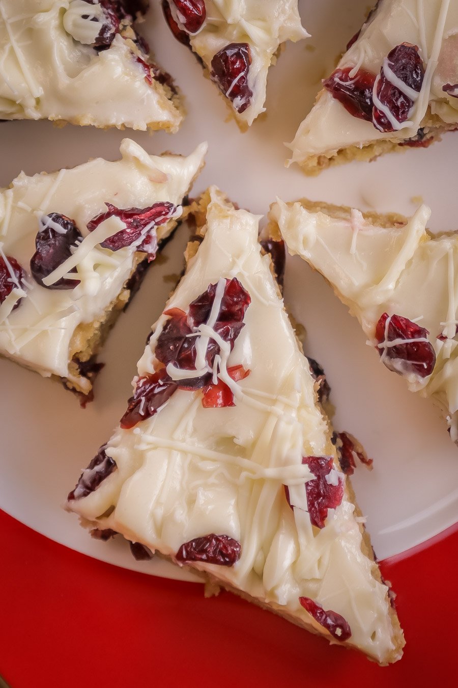 Cranberry Bliss Bars on a plate topped with cranberries and white chocolate drizzle. 
