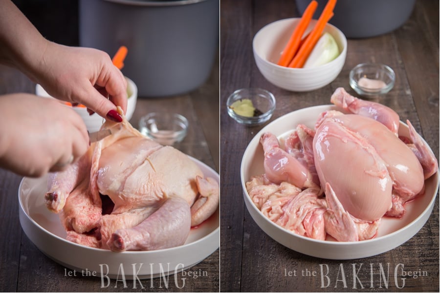 Woman skinning a chicken to make Instant Pot chicken noodle soup. 
