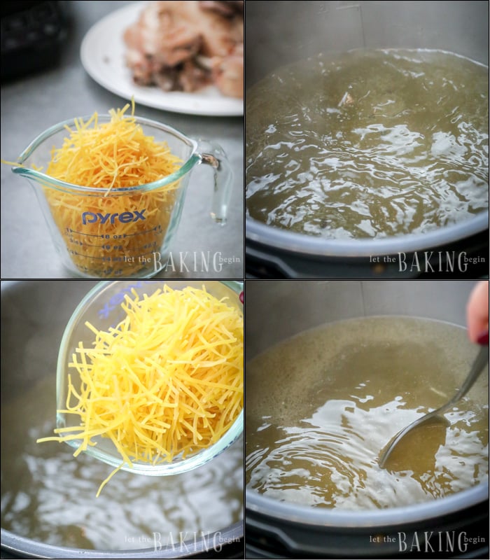 Adding and cooking the egg noodles for an instant pot chicken noodle soup.