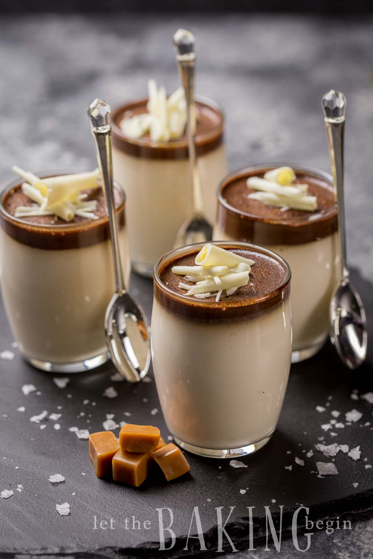 Salted Caramel Coffee Mousse Cups - Super quick dessert cups made of Salted Caramel Milk mousse and a Coffee Chocolate layer. In 20 minutes or less you can be enjoying these yourself!